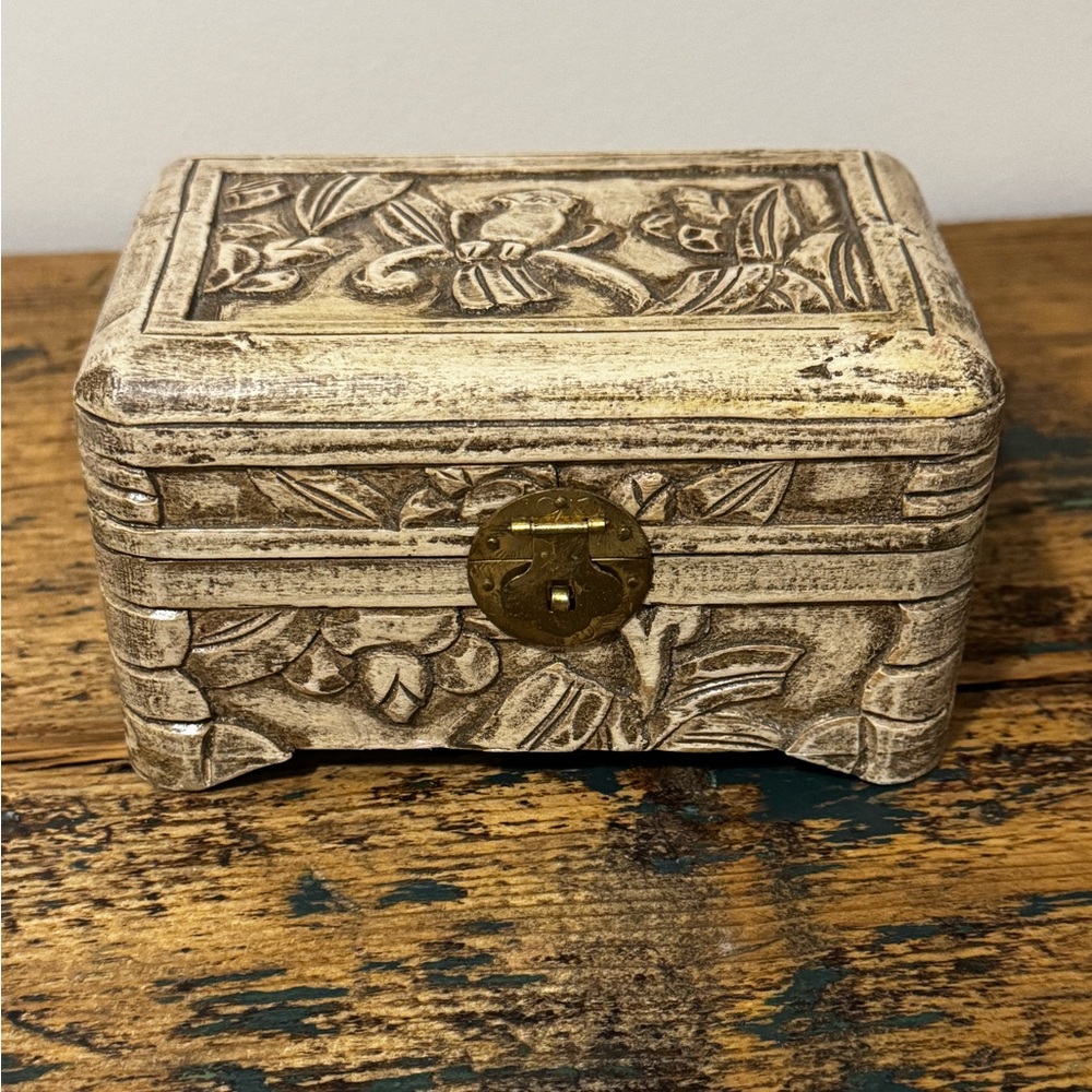Vintage Carved Wooden Jewelry Box
